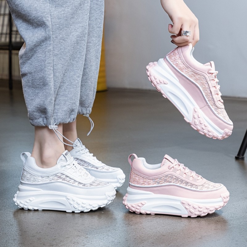 Sewing Cotton - Casual Women HollowLaceMeshPlatformSneakersTreadChunkySole Lace‑Up Height‑Increasing Non‑Slip