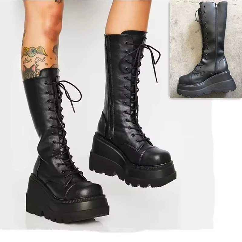 Sewing Cotton - Women's Platform Boots Punk Mid-calf Ladies