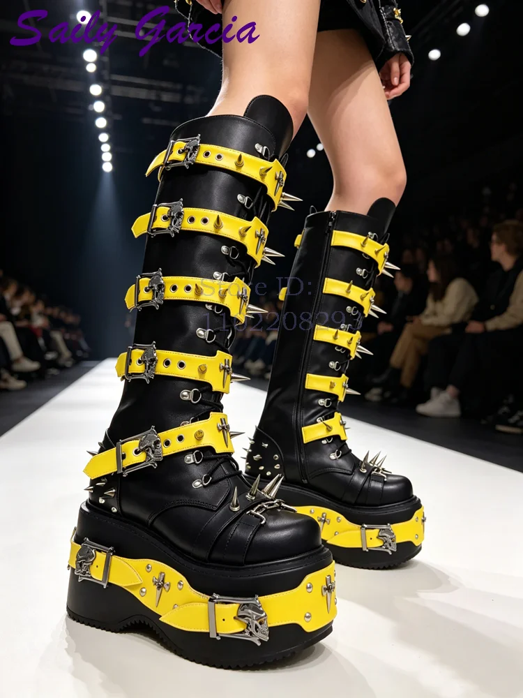 Sewing Zipper - Skull Rivet Punk Knee-high Boots Round